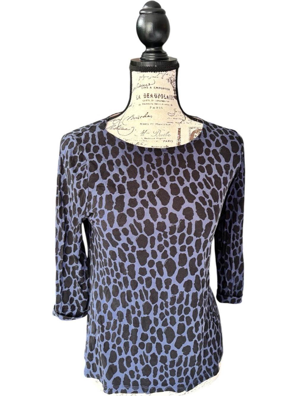 Boden Blue & Black Animal Print Top | 3/4 Sleeve | Size 4 (US)